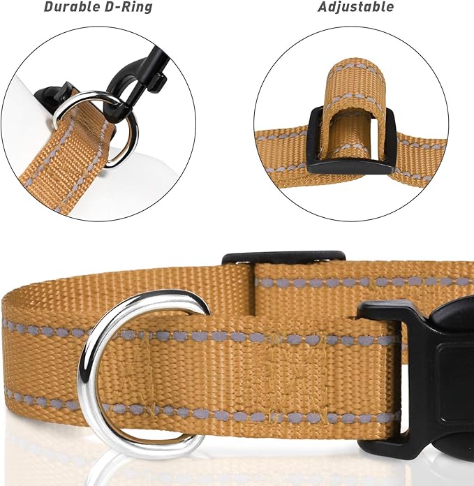 TagME Reflective Nylon Dog Collars, Adjustable Classic Collar with Quick Release Buckle for Extra Small Dogs, Khaki, 5/8" Width