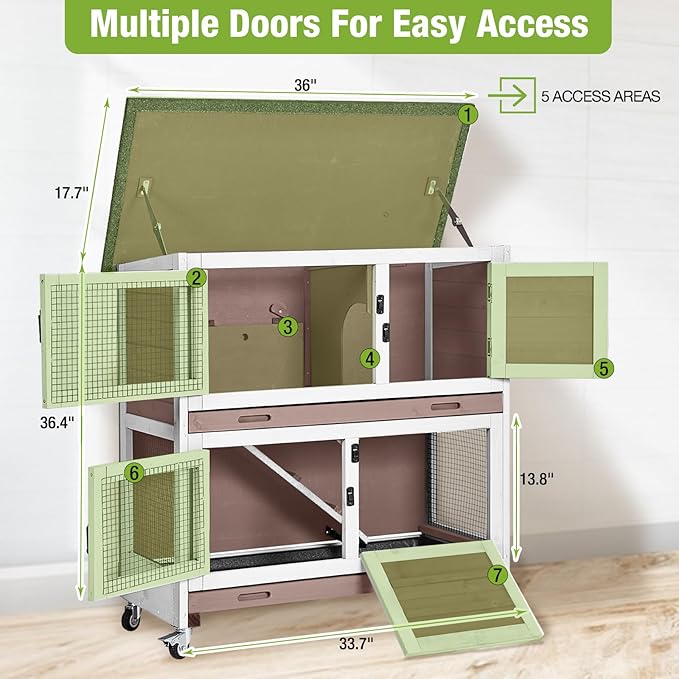 Rabbit Hutch Indoor, 36'' Bunny Hutch Outdoor, Mobile Rabbit Cage with Wheels, 2-Story Bunny Cage with 2 Pull Out Trays, Wooden Guinea Pig Cage (Brown)