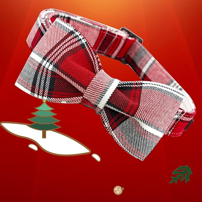 Dog Collar, Christmas Dog Collar Plaid Pet Collar Bow Holiday Bows Girl Boy Puppy Collar Adjustable Pet Collar for X-Small Dogs