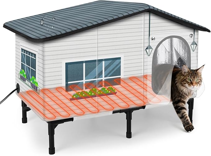 GASUR Weatherproof Heated Cat House for Outdoor Cats, Insulated Heating Cat House with Heated Pad for Winter, Elevated Heat Cat Shelter Waterproof Safe Feral Outside Pet House for Cats(20"x17"x16")