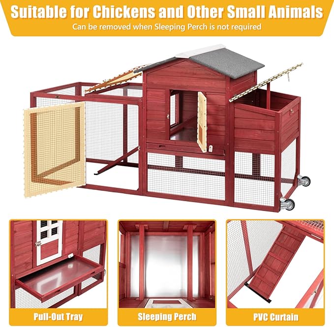 Wooden Chicken Coop Cage Outdoor Indoor Hen House with Nesting Box, Waterproof Roof, Removable Tray for Poultry Pets Enclosure Garden Backyard (RED)