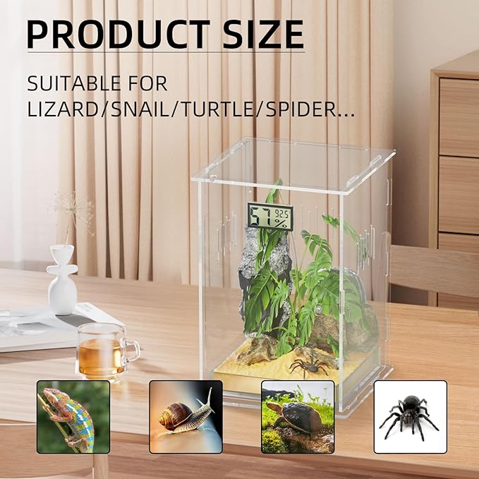 Reptile Terrariums with Temperature Hygrometer, 5.9"x5.9"x9.8" Acrylic Breeding Box Terrarium Cage Tank for Small Reptile Insect Home Office (Arboreal)