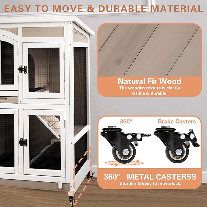 47"L Rabbit Hutch Indoor Wooden 2 Story Rabbit Large Bunny Hutch Outdoor Bunny Cage on 4 Metal Wheels and 2 Deeper Pull Out Trays, Ramp,Guinea Pig Pet House for Small to Medium Animals,Grey