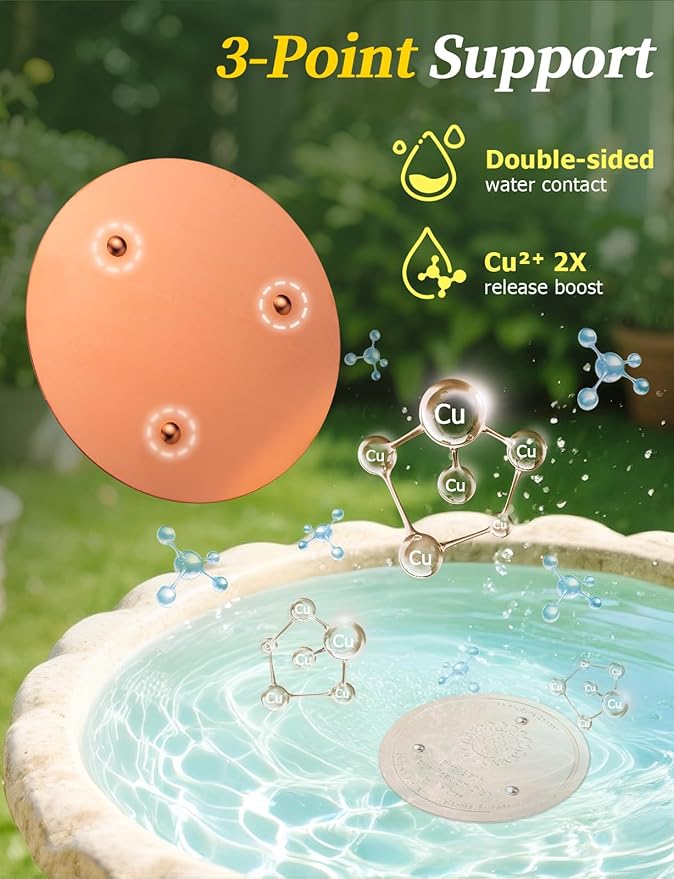 Mellbree 2-Pack Bird Bath Copper Disk, 0.6mm Reinforced 99.99% Pure Copper Cleaning Disk with Triple-Point Support for Physical Safe Clean Water, Universal Fit for Outdoor Birdbath, Bowl (Sunflower)