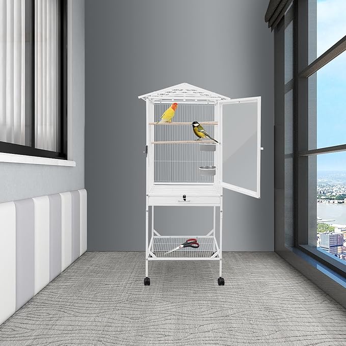 53.5 Inch Iron Bird Cage, Large Bird Aviary with Wheels for Parakeets, White Bird House with Detachable Stand and Pull-Out Tray for Cockatiels, Parrots, Lovebirds, Canaries