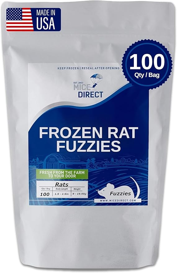 MiceDirect 100 Fuzzie Rats: Pack of Frozen Fuzzie Feeder Rats - Food for Corn Snakes, Ball Pythons, Lizards and Other Pet Reptiles - Freshest Snake Feed Supplies