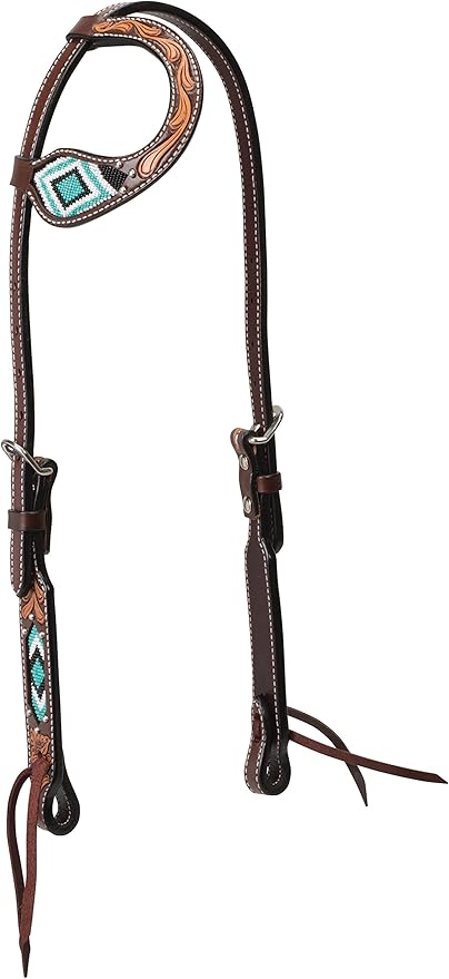 Weaver Leather Turquoise Diamond Beaded Horse Headstall, Leather Headstalls for Horses for Trail Riding, Durable Equine Supplies, Dark Oil