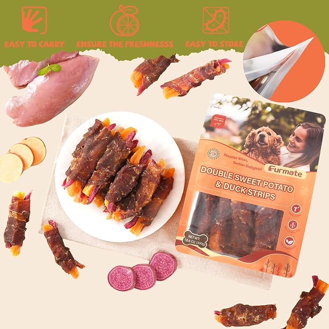 Dog Jerky Treats Duck Wrapped Orange Purple Sweet Potato, Healthy Dog Snacks High Protein Low Fat, Soft Chews Eliminates Tears, Training Rewards Treats for Small Medium Large Breeds,10.58 oz