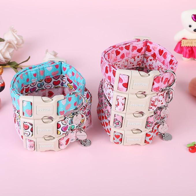 DOGWONG Valentine's Dog Collar - Pink Heart Adjustable Cotton Heart Dog Collar - Perfect for Extra Large Dogs