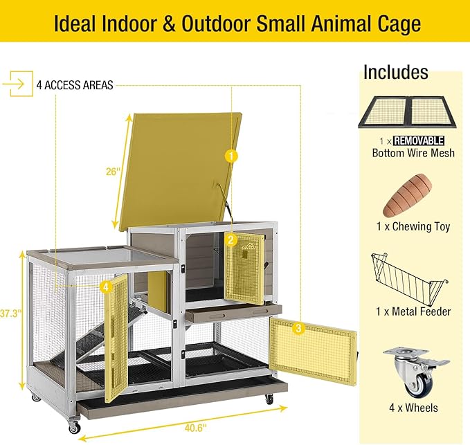Aivituvin Upgrade Rabbit Cage Indoor Bunny Hutch with Run with Two Deeper No Leak Trays - 4 Casters Include for Outdoor (Mocca)