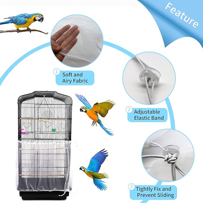 Daoeny Universal Bird Cage Cover, Adjustable Parrot Nylon Airy Soft Mesh Net, Seed Feather Catcher, Birdcage Cover Skirt Sheer Guard for Parakeet Macaw Round Square Cages (White)
