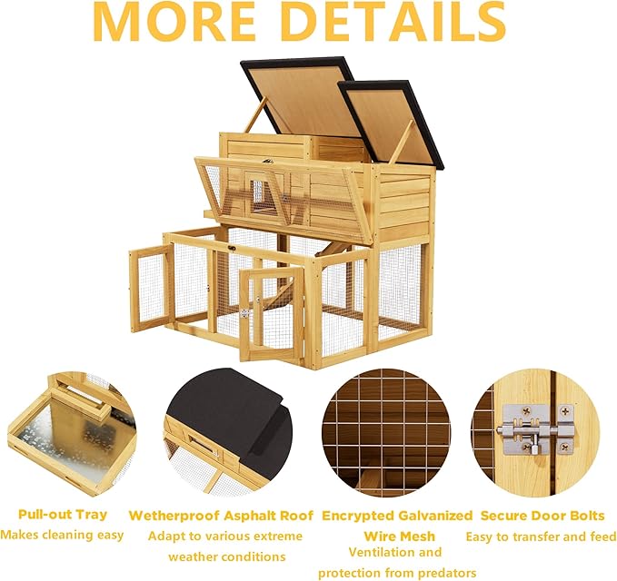 Large Wooden Bunny Rabbit Hutch Indoor Outdoor,Medium Elevated Chicken Coop for 2-4 Chickens,Poultry Pet Run Cage with Non-Slip Ramp & Removable Tray for Small-Medium Animals (Natural Wood)