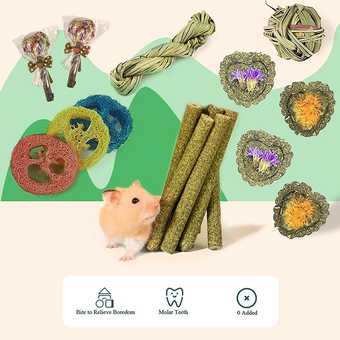 Rabbit Chew Toys for Teeth, 16PCS Natural Timothy Hay Chew Toy, Improve Dental Health for Bunny/Chinchilla/Guinea Pig/Hamsters/Holland Lop, Small Rodent Pet Molar Teeth Treats Toys