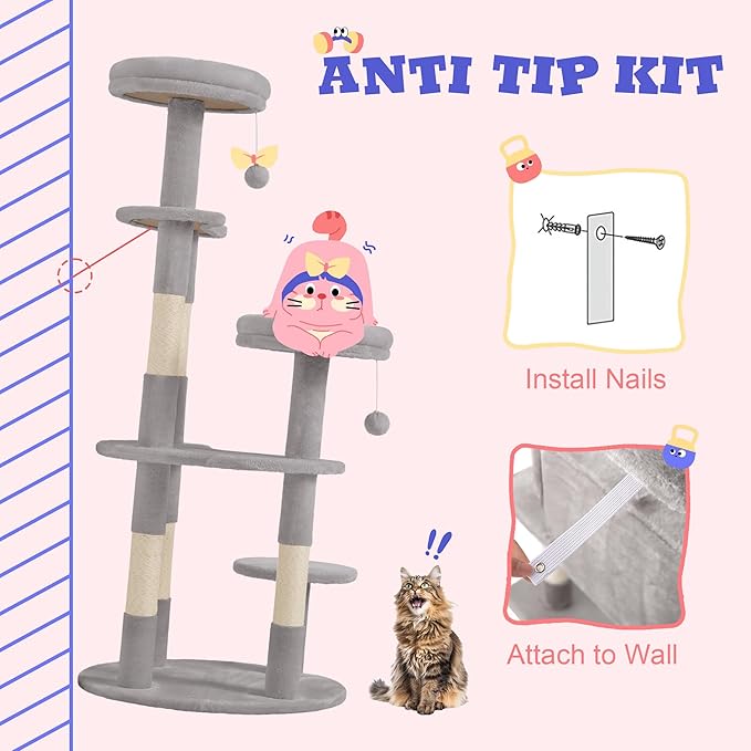 Allewie 55.5 in Cat Tree for Indoor Kitties/Soft Plush Perches/Multi-Level Cat Tower/Sisal Scratching Posts/Crescent Plates/Round Jumping Board/Hanging Ball/Pet Activity Center/Grey