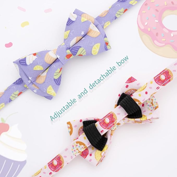 Faygarsle 2 Pack Cute Breakaway Cat Collar With Bell and Bowtie for Male Female Cats - Soft Fancy Pink Purple With Ice Cream Doughnuts Pattern - Summer Collar for Boy Girl Cats