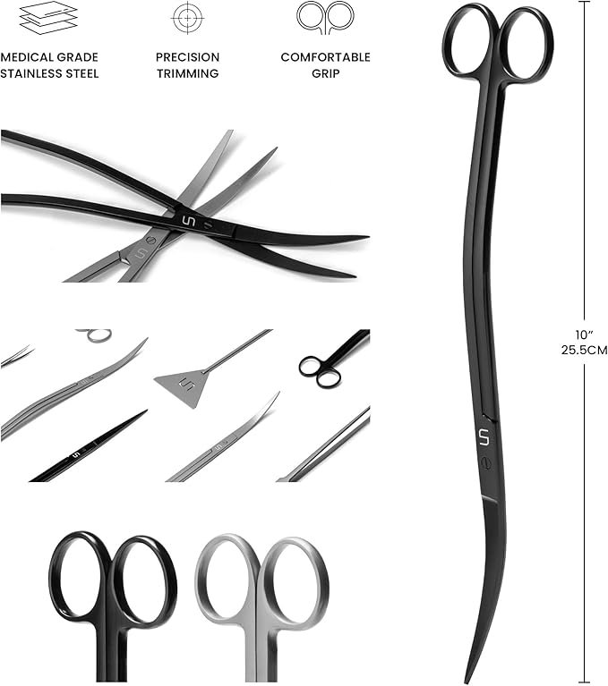 UNS Aquascaping Tools - Stainless Steel, Rust Resistant, Freshwater Planted Tank, Saltwater Reef Aquarium Maintenance Accessory - Trimming Stems & Carpets, Coral Cutting - Wave Scissors, Black
