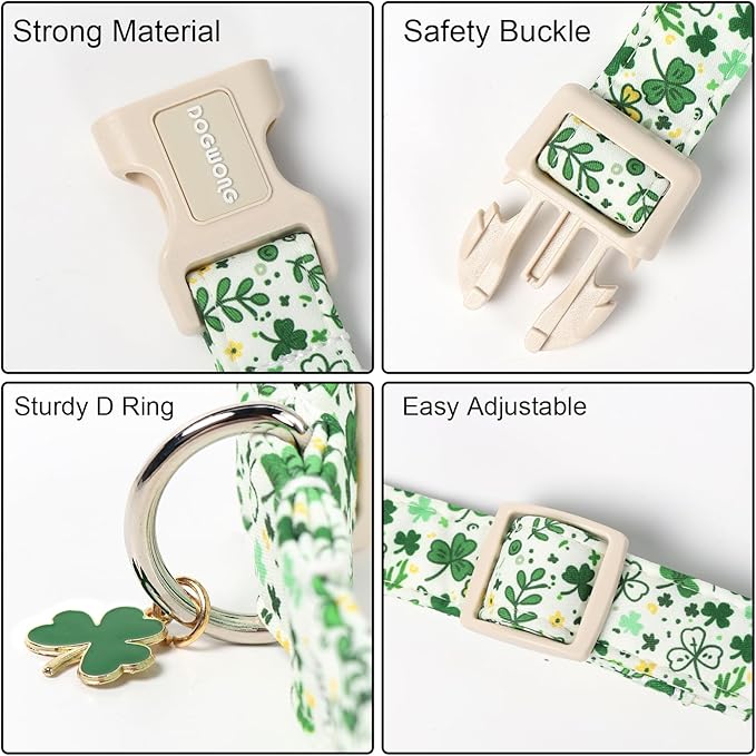 DOGWONG St Patrick's Dog Collar, Green Clover Pet Collar Cotton Holiday Pet Collar Cute Puppy Collar Adjustable Pet Dog Collars for Small Dogs,XS