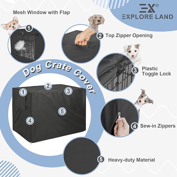 Explore Land Dog Crate Cover Heavy Duty Polyester Pet Kennel Sunshade Universal Fit for 54 inches Wire Cage (Black)