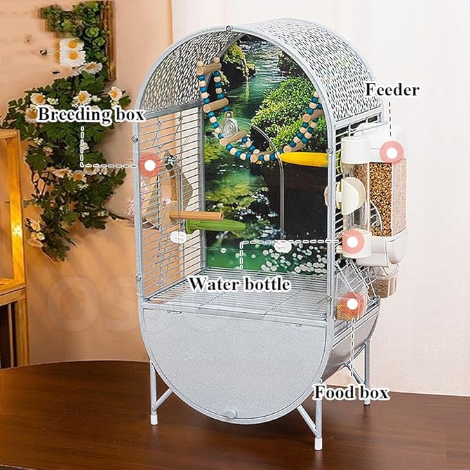 Dometop Bird Aviary with Transparent Door, Wrought Iron Bird Parrot Cage, Indoor Aviary for Small Parrots Parakeets Cockatiels (White)