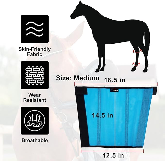 FOXLVDA Horse Fly Boots - Fly Boots for Horses Set of 4, Comfortable Horse Leggings, Mesh Material Design with Metal Support Bars for Reduces Stomping & Leg Fatigue (Blue, Medium)