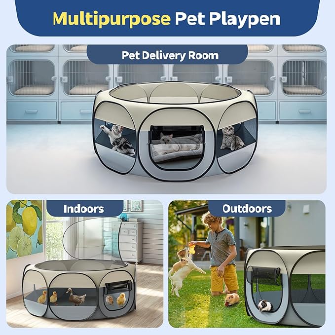 Small Animal Playpen, Chicken Brooder Box with Cover Top, Portable Outdoor Exercise Pet Cage Tent, Waterproof Breathable Pet playpen Indoor for Chick Ktiien Bunny Hamster Guinea Pig,Beige+Gray