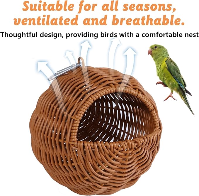 BNOSDM Rattan Parrot Nesting House Bird Nest Parakeet Hanging Swing Soft Lovebird Warm Bed Sleeping for Parrots Bird Cage Accessories for Cockatiels Budgerigars Finches Canaries (Khaki & Brown)