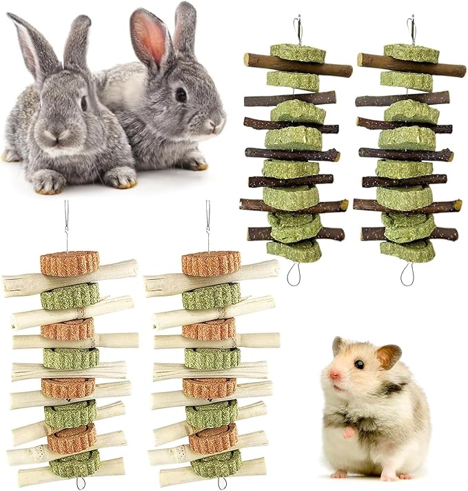 Hamiledyi 4PCS Bunny Chew Toys Rabbit Hanging Toys for Teeth Grinding Natural Apple Wood Sweet Bamboo Sticks Timothy Grass&Carrot Cake for Chewing/Improving Rodent Animals Dental Health