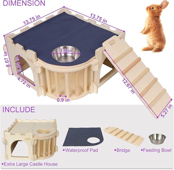 Large Guinea Pig Castle, Natural Wood Rabbit House with Ladder and Hay Feeder, Small Animal Hideout for Rabbit, Guinea Pig, Chinchilla, Hedgehog