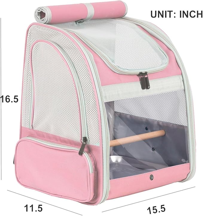 Bird Carrier Backpack with Wooden Stand Perch, Vented and Breathable Bag to Carry Parakeet Cockatiel Conure Parrot (Pink, Bird Backpack)