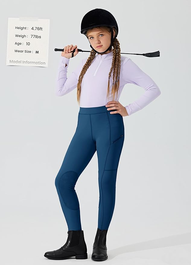 Willit Girls Horse Riding Pants Tights Kids Equestrian Breeches Knee-Patch Youth Schooling Tights Zipper Pockets