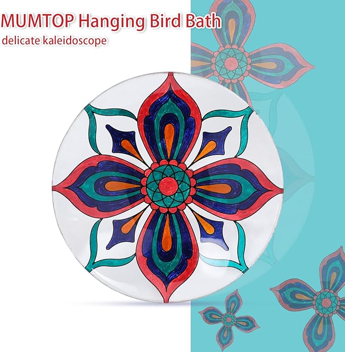 MUMTOP Hanging Bird Baths for Outdoors - Glass Bird Bath, 11 Inch Hanging Bird Bath Bird Feeder Bowl for Outside, Garden, Lawn Yard Decor (Colorful Kaleidoscope)