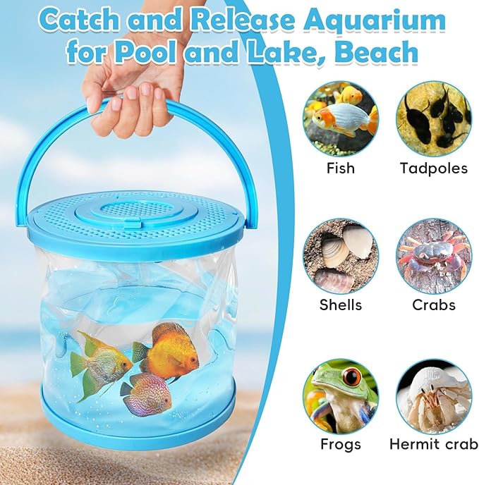 PINVNBY Catch and Release Aquarium Foldable Small Aquarium Plasitc Fish Tank Fish Transport Container Portable Clear Fish Bowl for Ocean Adventure Pool and Lake Beach