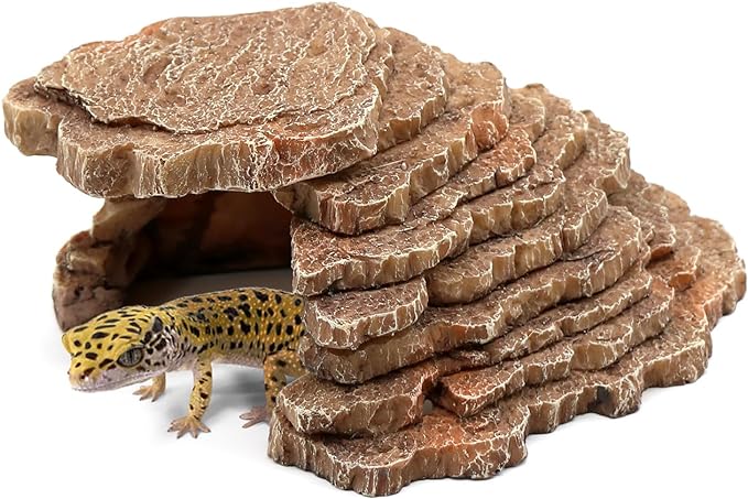 Gecko Hide Shale Scape Step Ledge, Reptile Cave Hideout Tank Accessories Decorations, Great for Reptiles, Amphibians, Leopard Gecko, Lizard, Frogs, Turtle (Small-7.3 * 4.4 * 3)
