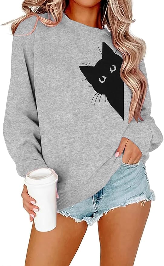 FRYAID Cat Sweatshirt Women Funny Black Cat Graphic Sweater Casual Cat Crewneck Holiday Long Sleeve Hoodie Pullover Top