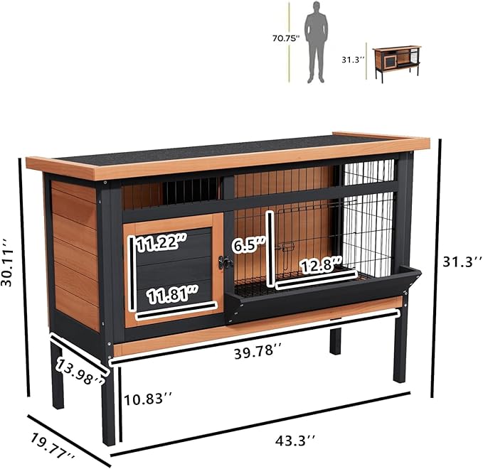 Rabbit Hutch Outdoor, Rabbit Hideout, Bunny Hideout,Bunny House for Guinea Pigs & Hamster, Wooden Chicken House with Deep Pull-Out Tray, Waterproof Chicken Coop for Outside (Orange Black)