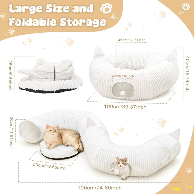 OurWarm White Plush Cat Tunnel Bed Under Christmas Tree, 95cm Large Cat Tunnel Tree Skirt Xmas Decor with 11 Cat Toys, Cozy Holiday Play & Hideaway for Cats, Soft Indoor Cat Activity Center