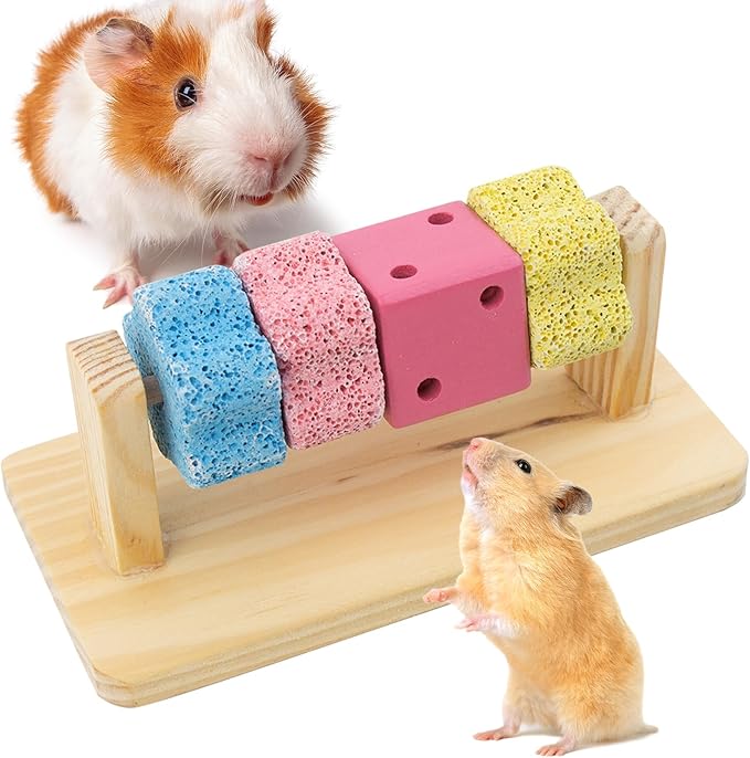 Guinea Pig Chew Toys for Teeth, Natural Hamster Lava Grinding Stone, Adds Calcium to Diet, Rotating Rat Enrichment Toys Wood Stand for Syrian & Dwarf Hamsters, Rats, Guinea Pig, Chinchillas