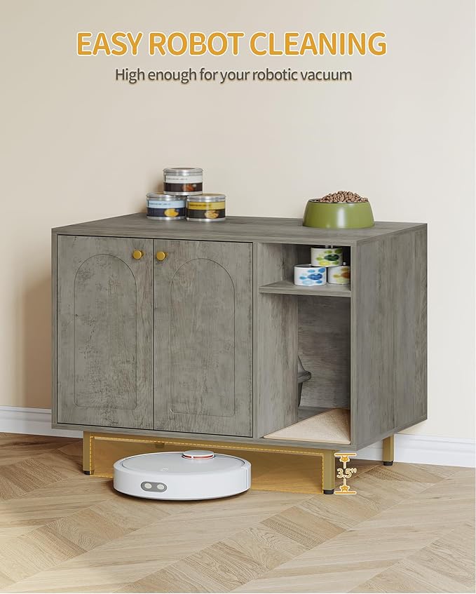 Cat Litter Box Enclosure Enclosed, Hidden Litter Box Cabinet Furniture with Storage, Wooden Indoor Cat House Large, Modern End Table for Living Room Entryway, Greige and Gold CB01505G