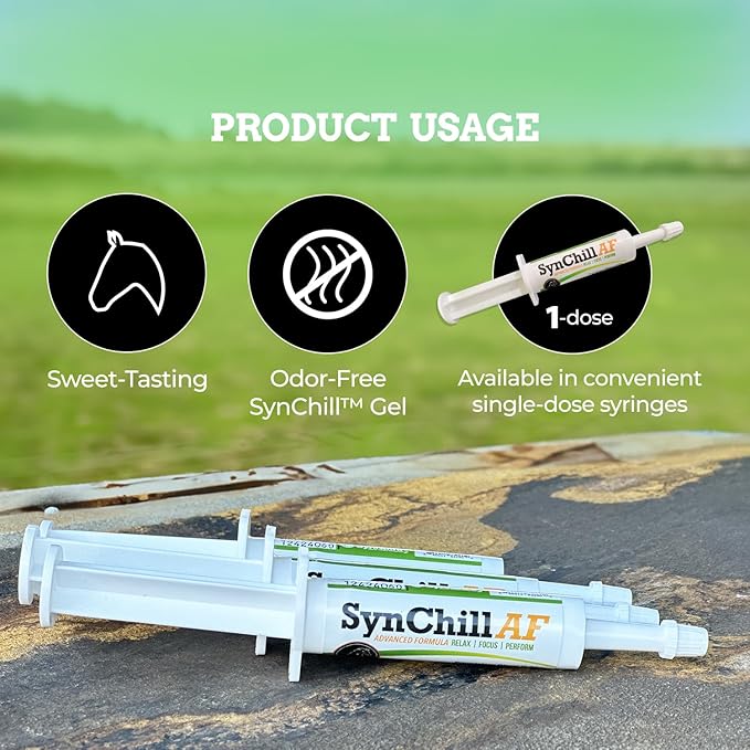 SynChill AF Calming Gel for Nervous Horses - Single Serving - Advanced Formula with L-Theanine, Increased Potency, 100% Natural Supplement, Disposition & Confidence Support for Horses - 10 Pack