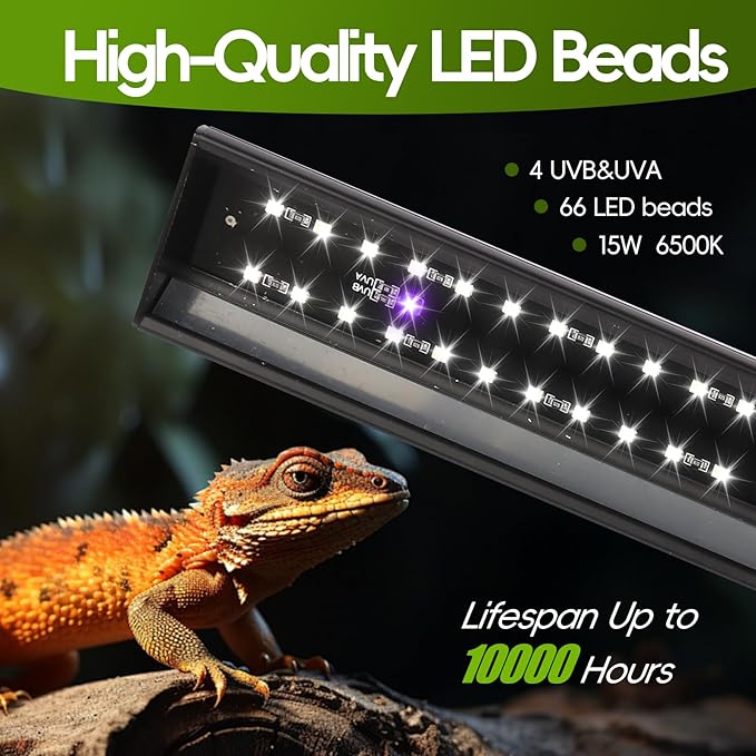 UVB Light for Reptiles with Dimmer,16 inch 15W LED UVA UVB Reptile Light Fixture with 4 Auto Modes for Ferguson Zones, Terrarium Lamp for Bearded Dragons, Leopard Gecko, Snake, Turtle & More