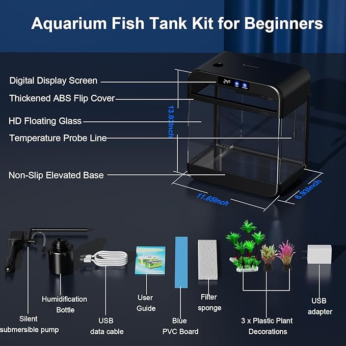 Fish Tank 2.2 Gallon Fish Bowl with Humidifier 7 Color Auto-Looping Light Aquarium Tank with 3 in 1 Silent Pump with Filteration & Oxygenation & Circulation(Black-2.2 Gallon)