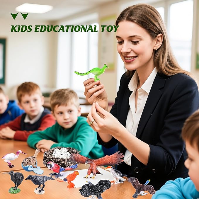 SIENON 23Pcs Birds Toys Playset, Assorted Wildlife Bird Figures with Nest, Raven, Kiwi, Ostrich, Macaw, Golden Eagle for Kids Educational Birthday Cake Décor Garden Accessories School Project