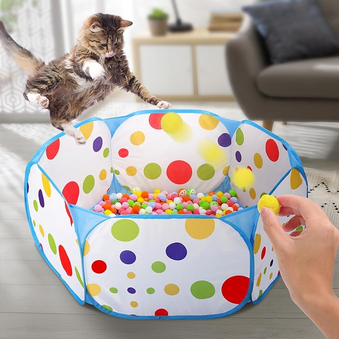 Palksky Ball Pit with 210 Toy Balls and 4 Spring Toys - Interactive Cat Toys for Bored Indoor Cats Self Play, Enrichment Toy for Fun and Exercise
