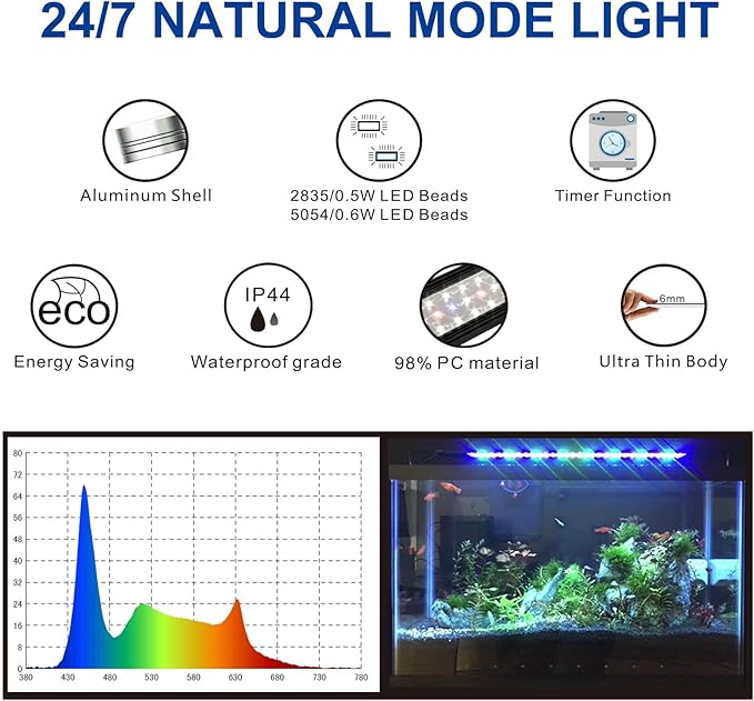 OYO WATER Aquarium LED Light 30"-38" with Timer, 24/7 Cycle, 5 Dimmable Brightness, Sunrise/Sunset Simulation for 10/20/30/55 Gallon Fish Tank
