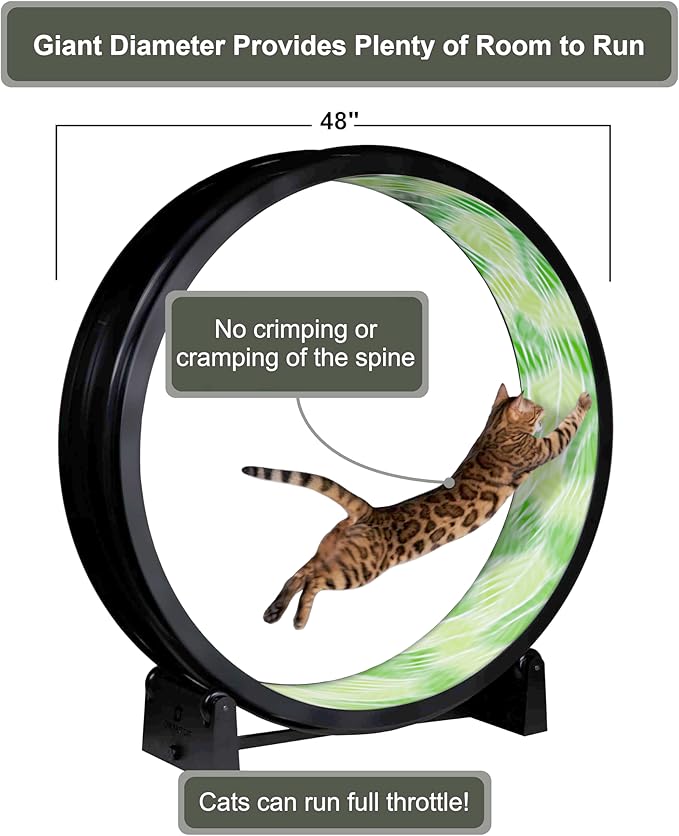 One Fast Cat - Cat Exercise Wheel - Gen. 7 - Safe 48" Diameter - Made in The USA - Black Wheel with Jungle Leaves Foam Traction Pads and Light-Up LED Inline Wheels