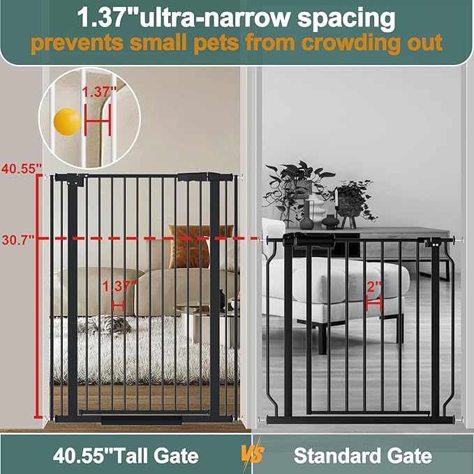 40.55" Tall, 61.61-69.48 Inch Wide, 1.37" Ultra Narrow Spacing Dog Pet Baby Gate Indoor for Doorway Hallway, Pressure Mounted 62 63 64 65 66 67 68 69 Inches Wide Black