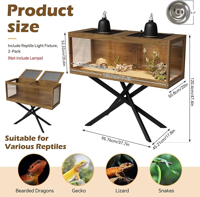 PAKASEPT 80 Gallons Bearded Dragon Tank with Reptile Light Fixture,Tempered Glass Reptile Enclosure with Metal Mesh Top,Snake/Lizard Tank with Leg for Chameleon,Tortoise,Hecko,Brown