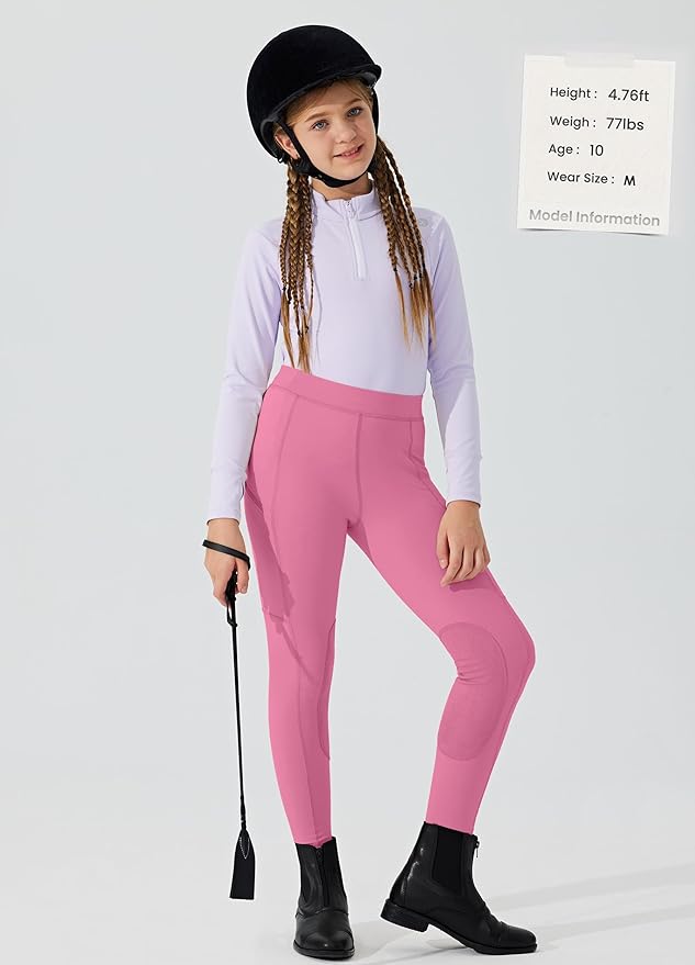 Willit Girls Horse Riding Pants Tights Kids Equestrian Breeches Knee-Patch Youth Schooling Tights Zipper Pockets