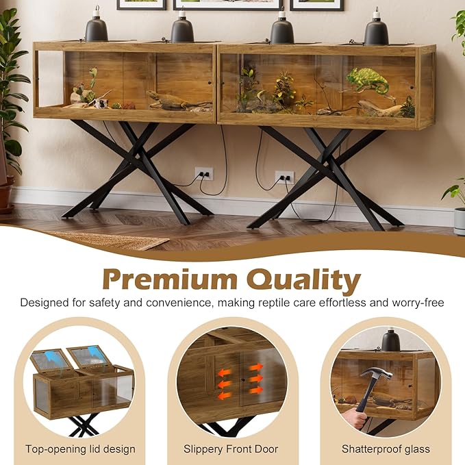 PAKASEPT 80 Gallons Bearded Dragon Tank with Reptile Light Fixture,Tempered Glass Reptile Enclosure with Metal Mesh Top,Snake/Lizard Tank with Leg for Chameleon,Tortoise,Hecko,Brown