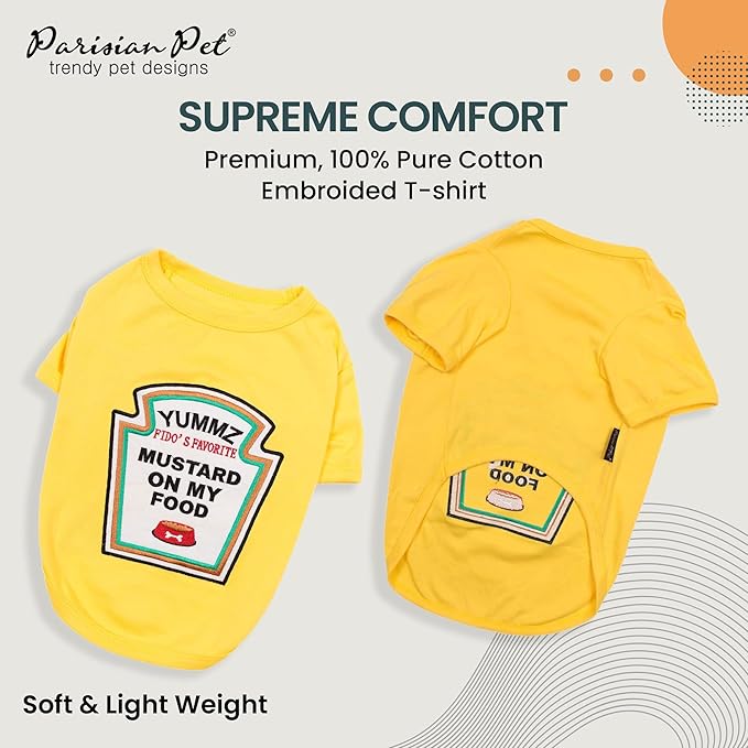 Parisian Pet Dog Shirt - Embroidered “Mustard on My Food“ - 100% Cotton and Polyester Dog Clothes - Sleeved, Lightweight Costume for Dogs - Yellow Dog Shirts for Small Dogs - Pet Costumes - S